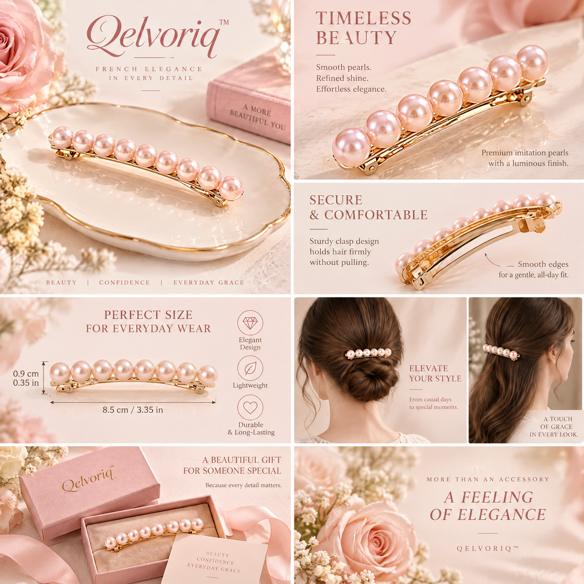 Qelvoriq™ Blush Pink Pearl Hair Barrette — image 2