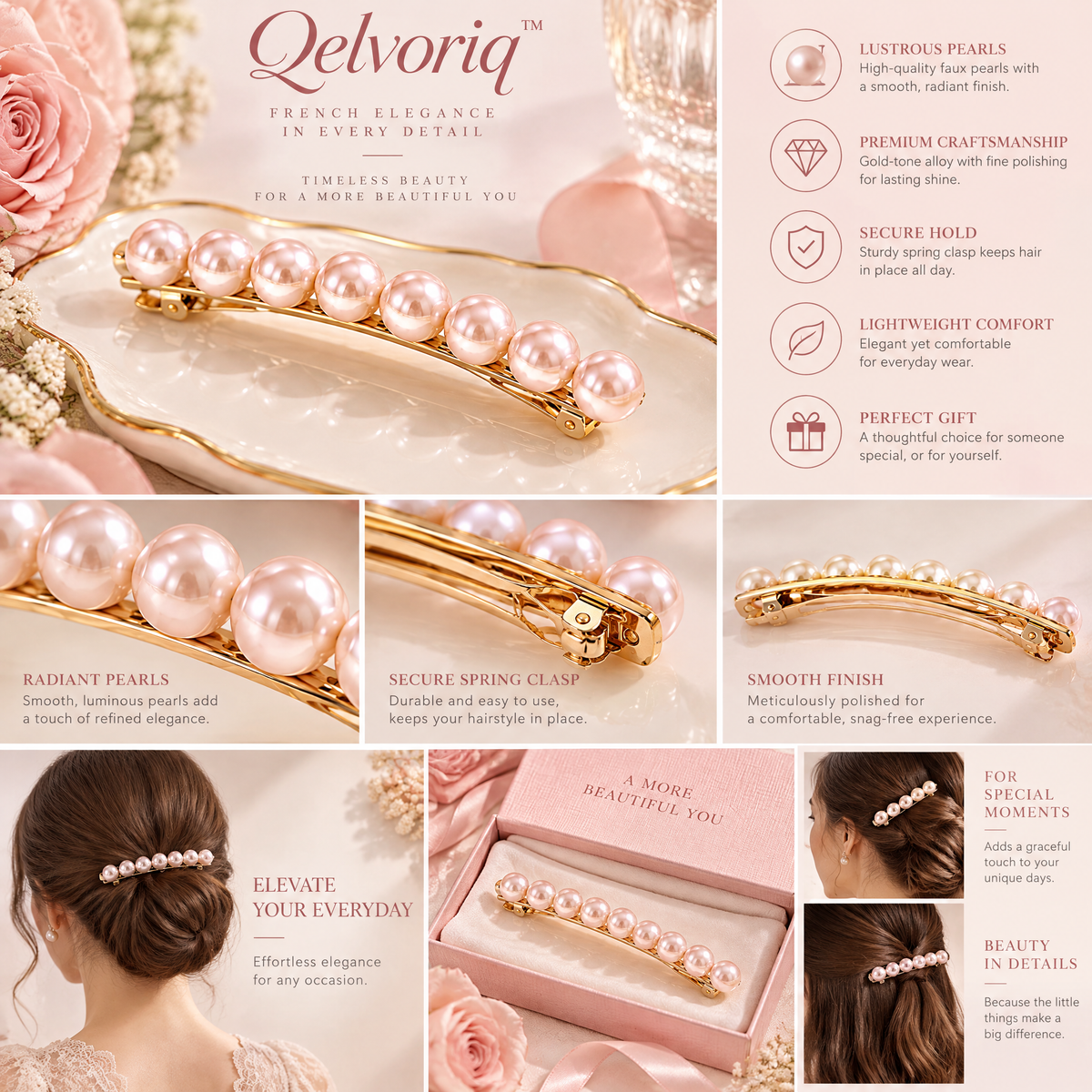 Qelvoriq™ Blush Pink Pearl Hair Barrette — image 3