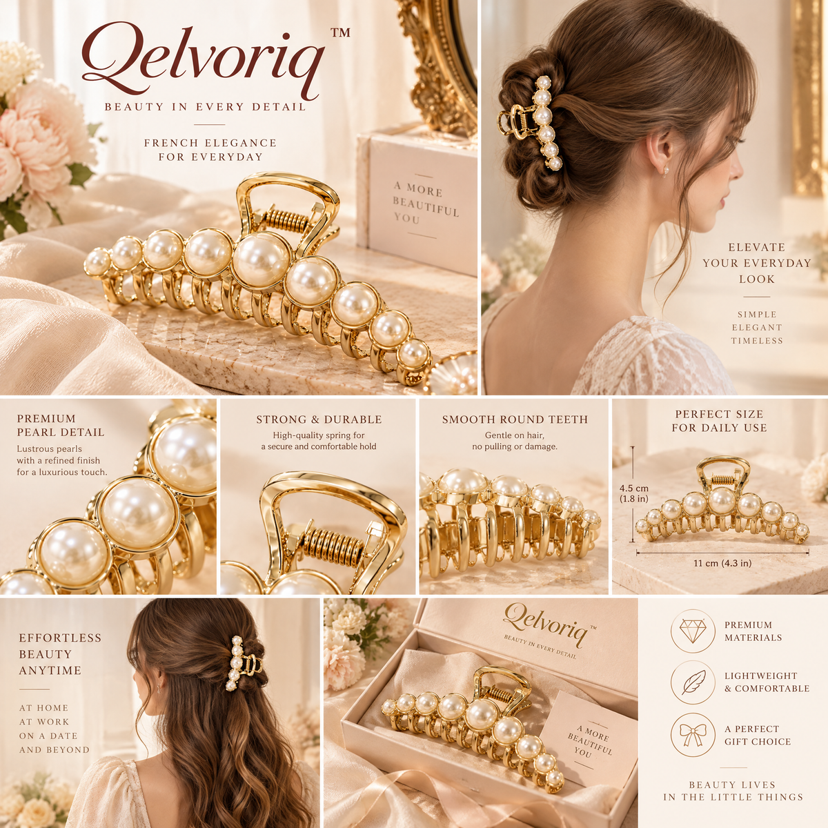 Qelvoriq™ Gold-Tone Pearl Hair Claw Clip — image 2