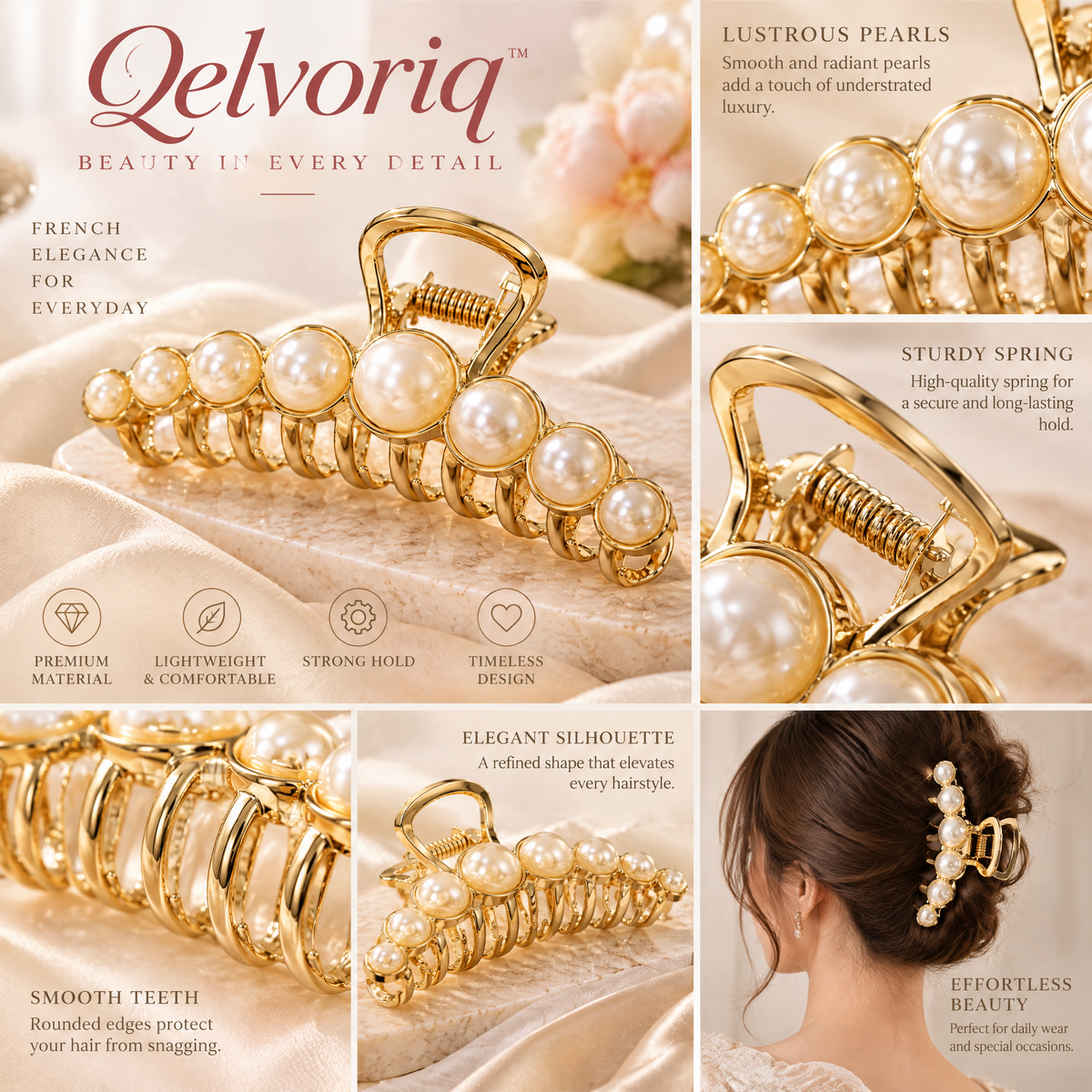 Qelvoriq™ Gold-Tone Pearl Hair Claw Clip — image 3