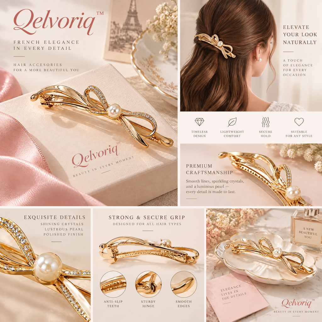 Qelvoriq™ Gold-Tone Rhinestone Bow Pearl Barrette — image 2