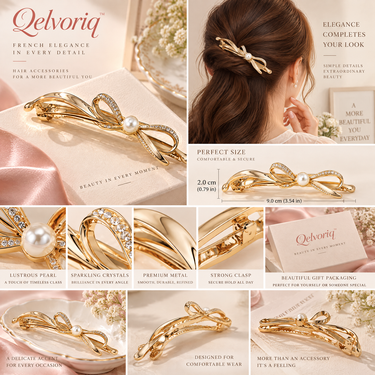Qelvoriq™ Gold-Tone Rhinestone Bow Pearl Barrette — image 3