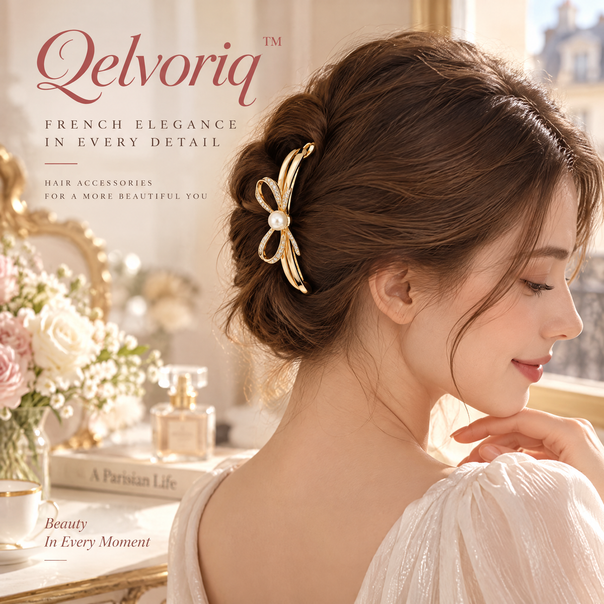 Qelvoriq™ Gold-Tone Rhinestone Bow Pearl Barrette — image 4