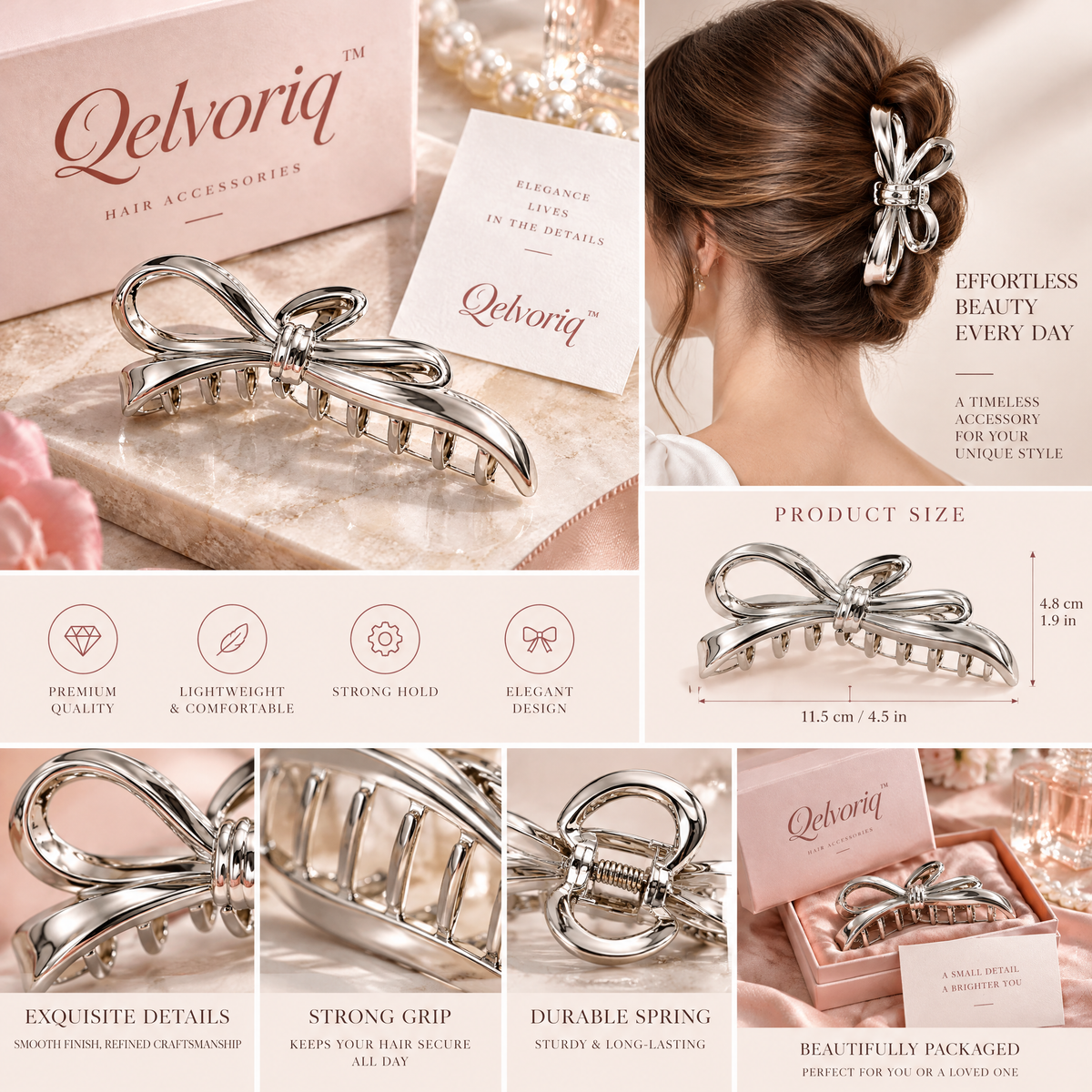 Qelvoriq™ Silver-Tone Bow Hair Claw Clip — image 2