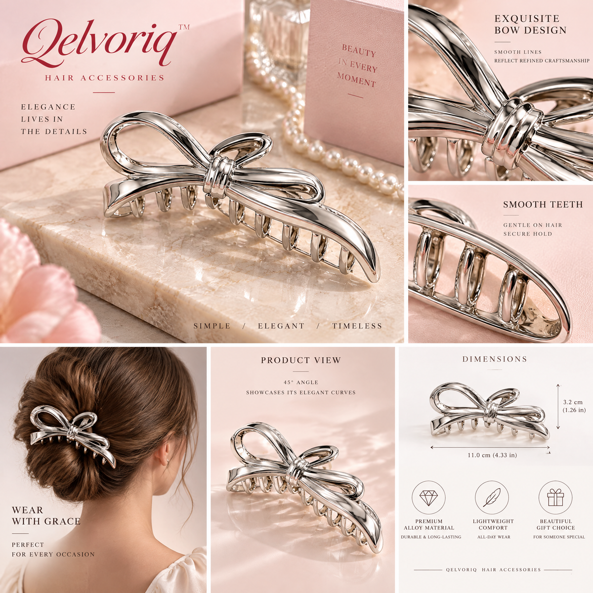Qelvoriq™ Silver-Tone Bow Hair Claw Clip — image 3