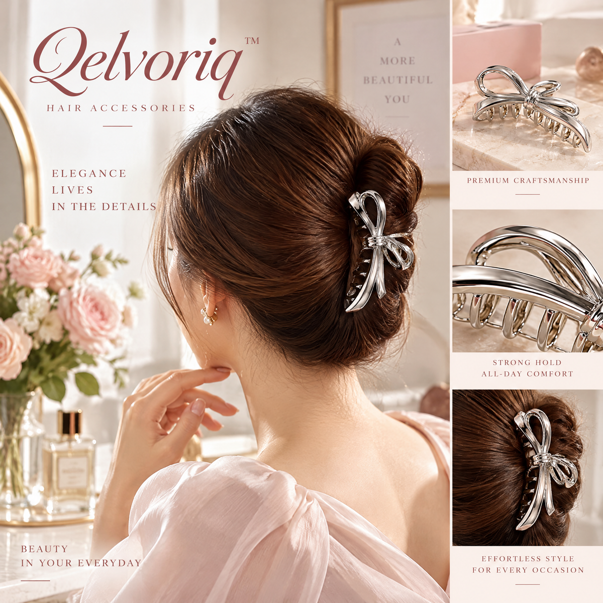 Qelvoriq™ Silver-Tone Bow Hair Claw Clip — image 4