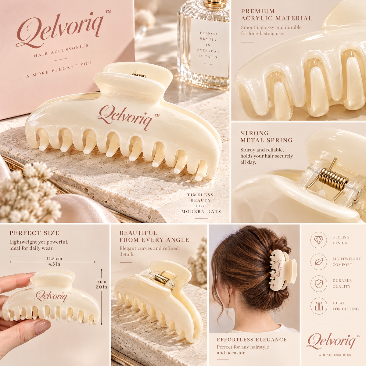 Qelvoriq™ Cream Marbled Large Hair Claw Clip — image 3