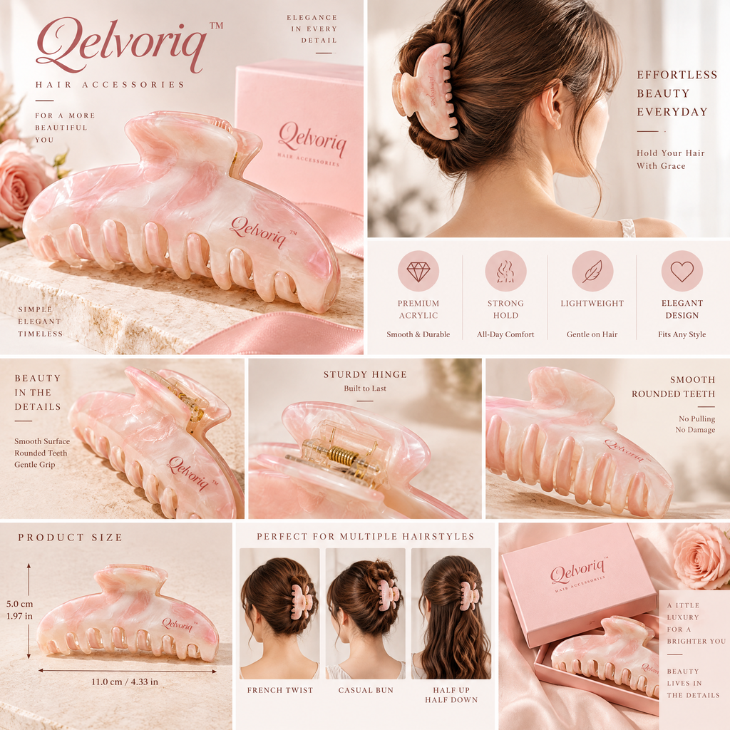 Qelvoriq™ Blush Pink Marbled Large Hair Claw Clip — image 2