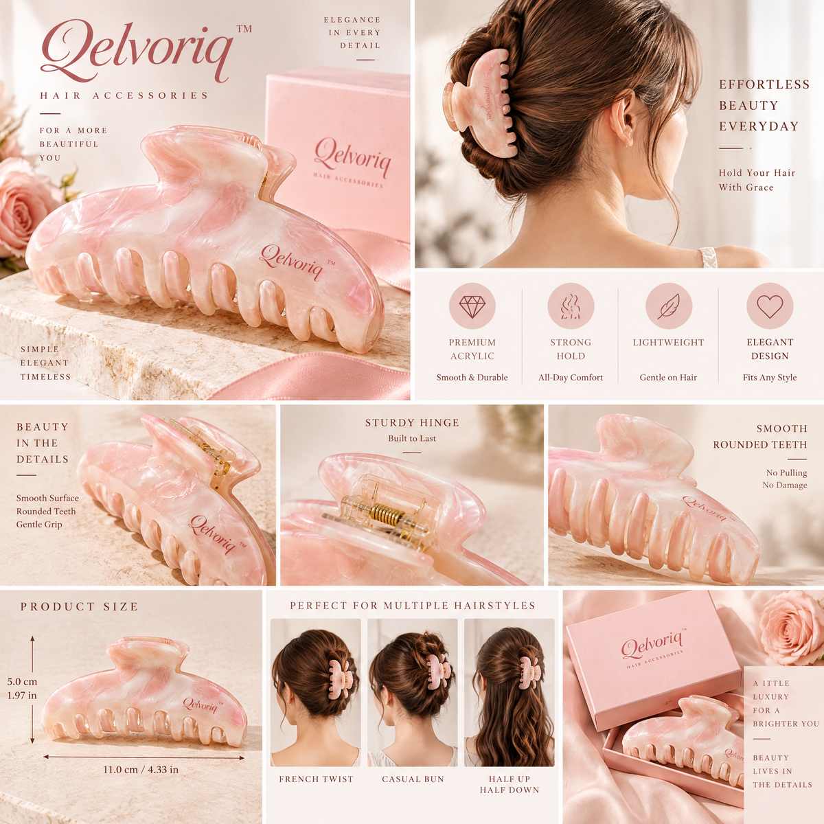 Qelvoriq™ Blush Pink Marbled Large Hair Claw Clip — image 2