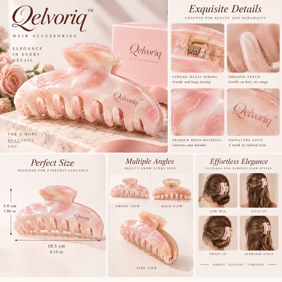 Qelvoriq™ Blush Pink Marbled Large Hair Claw Clip — image 3