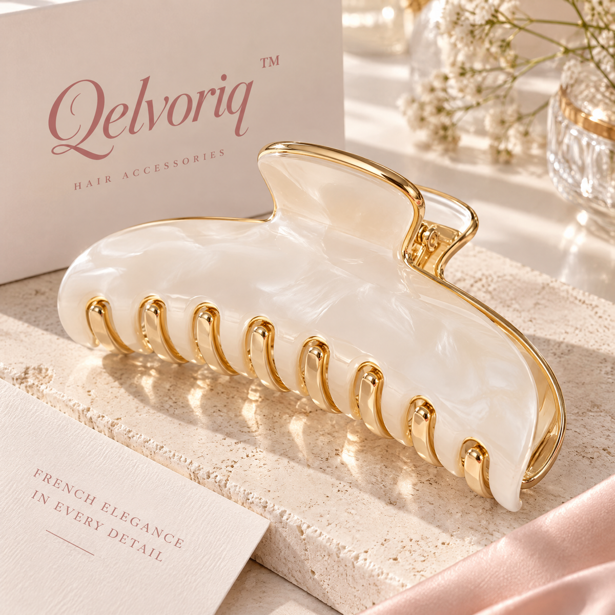 Qelvoriq™ Ivory Marbled Gold-Trim Hair Claw Clip — image 1