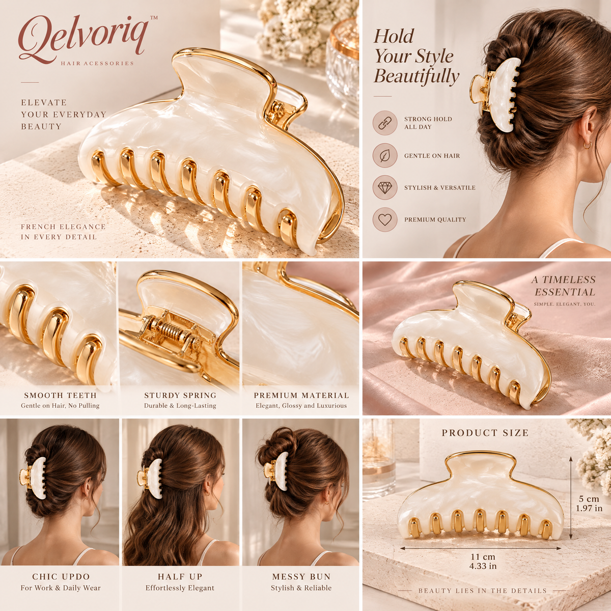 Qelvoriq™ Ivory Marbled Gold-Trim Hair Claw Clip — image 2