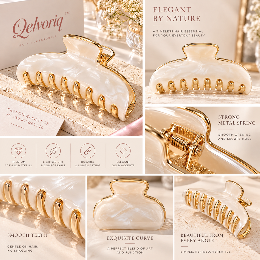 Qelvoriq™ Ivory Marbled Gold-Trim Hair Claw Clip — image 3