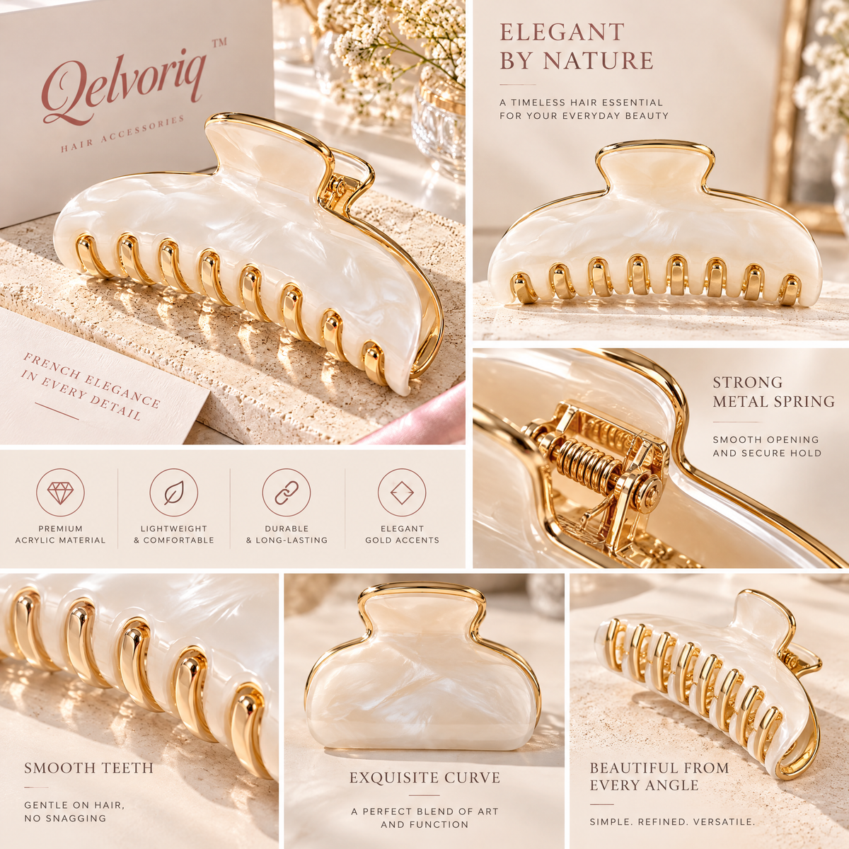 Qelvoriq™ Ivory Marbled Gold-Trim Hair Claw Clip — image 3