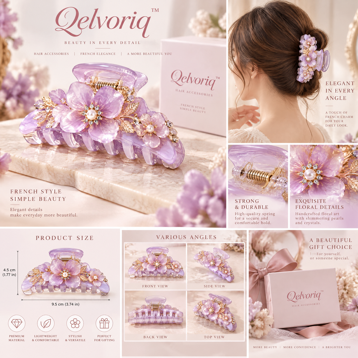 Qelvoriq™ Lavender Floral Pearl Hair Claw Clip — image 2