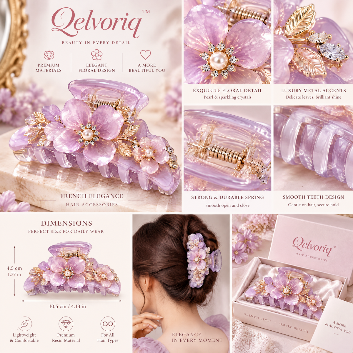 Qelvoriq™ Lavender Floral Pearl Hair Claw Clip — image 3