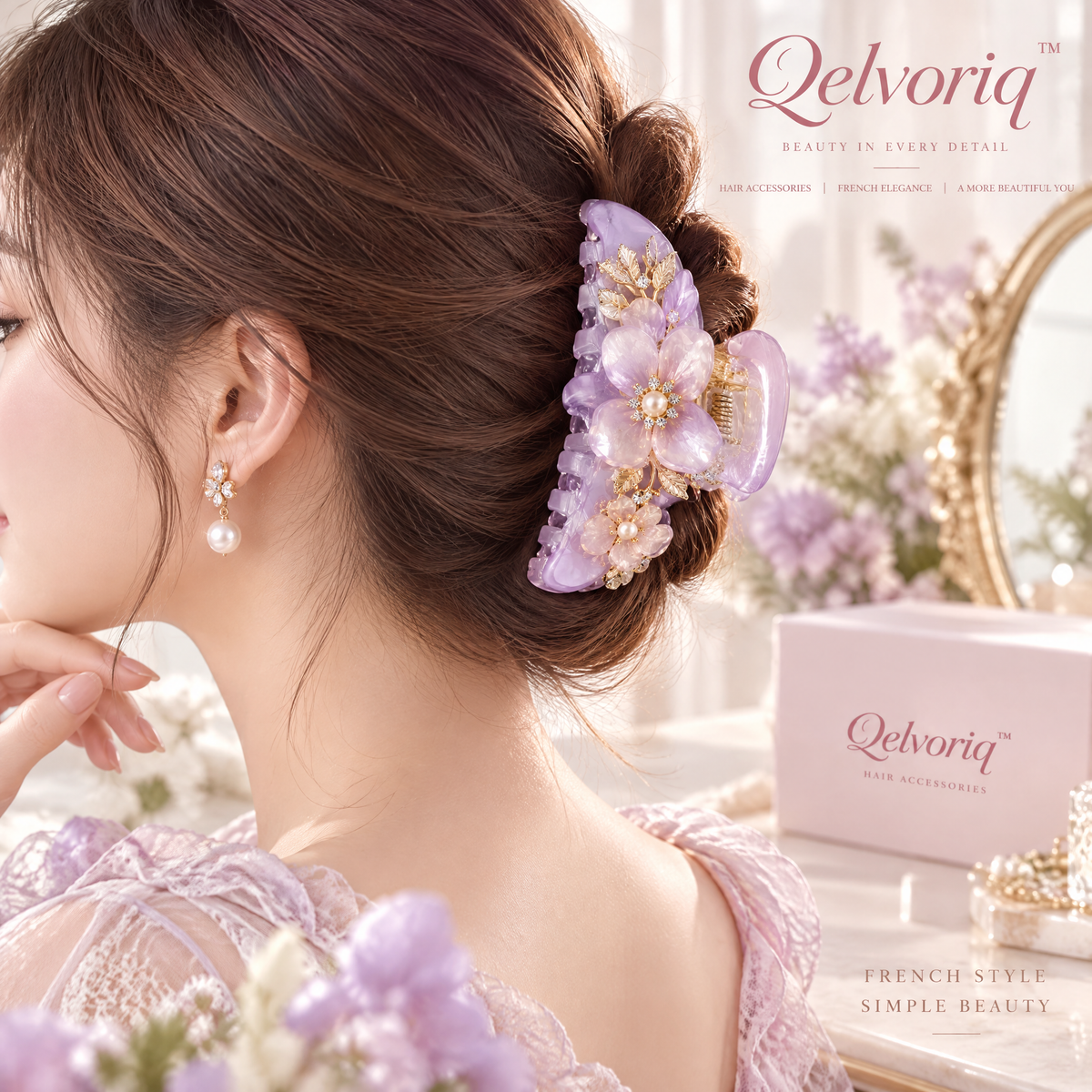Qelvoriq™ Lavender Floral Pearl Hair Claw Clip — image 4