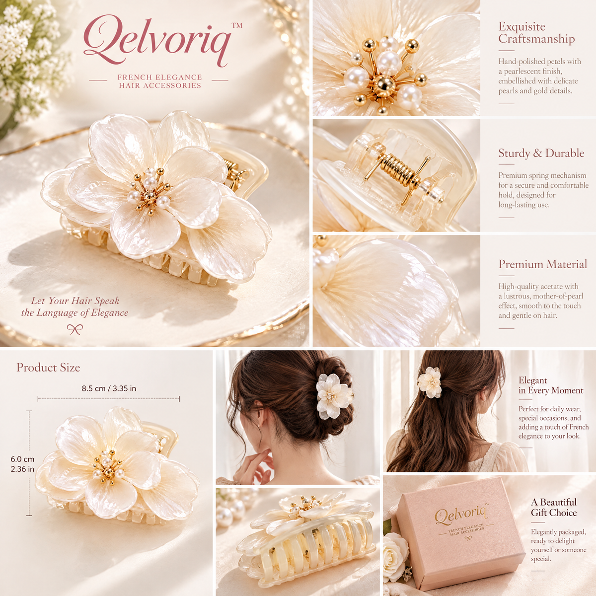 Qelvoriq™ Ivory Blossom Floral Hair Claw Clip — image 3