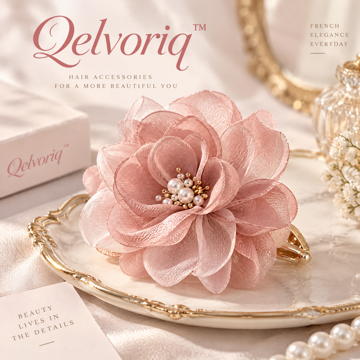 Qelvoriq™ Dusty Rose Organza Flower Hair Clip — image 1