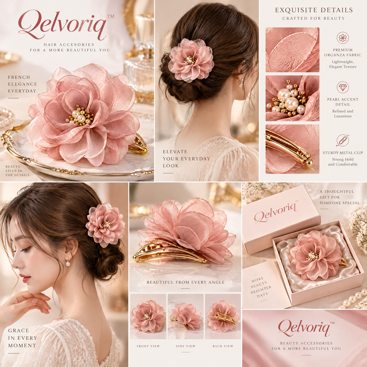 Qelvoriq™ Dusty Rose Organza Flower Hair Clip — image 2