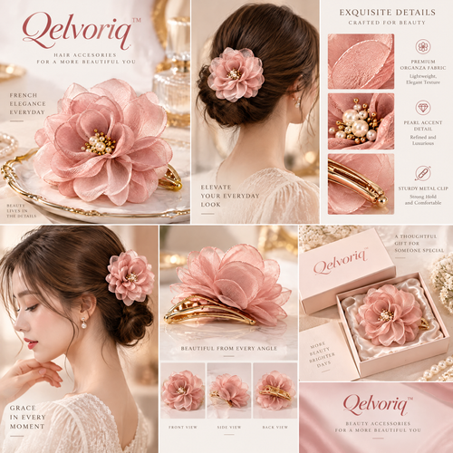 Qelvoriq™ Dusty Rose Organza Flower Hair Clip — image 2
