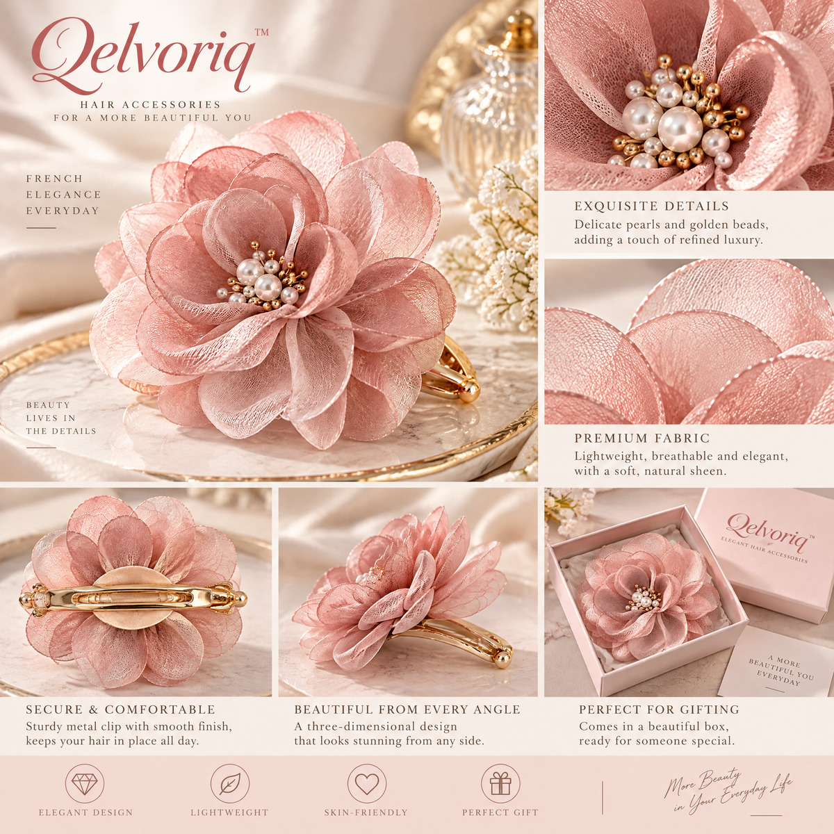 Qelvoriq™ Dusty Rose Organza Flower Hair Clip — image 3