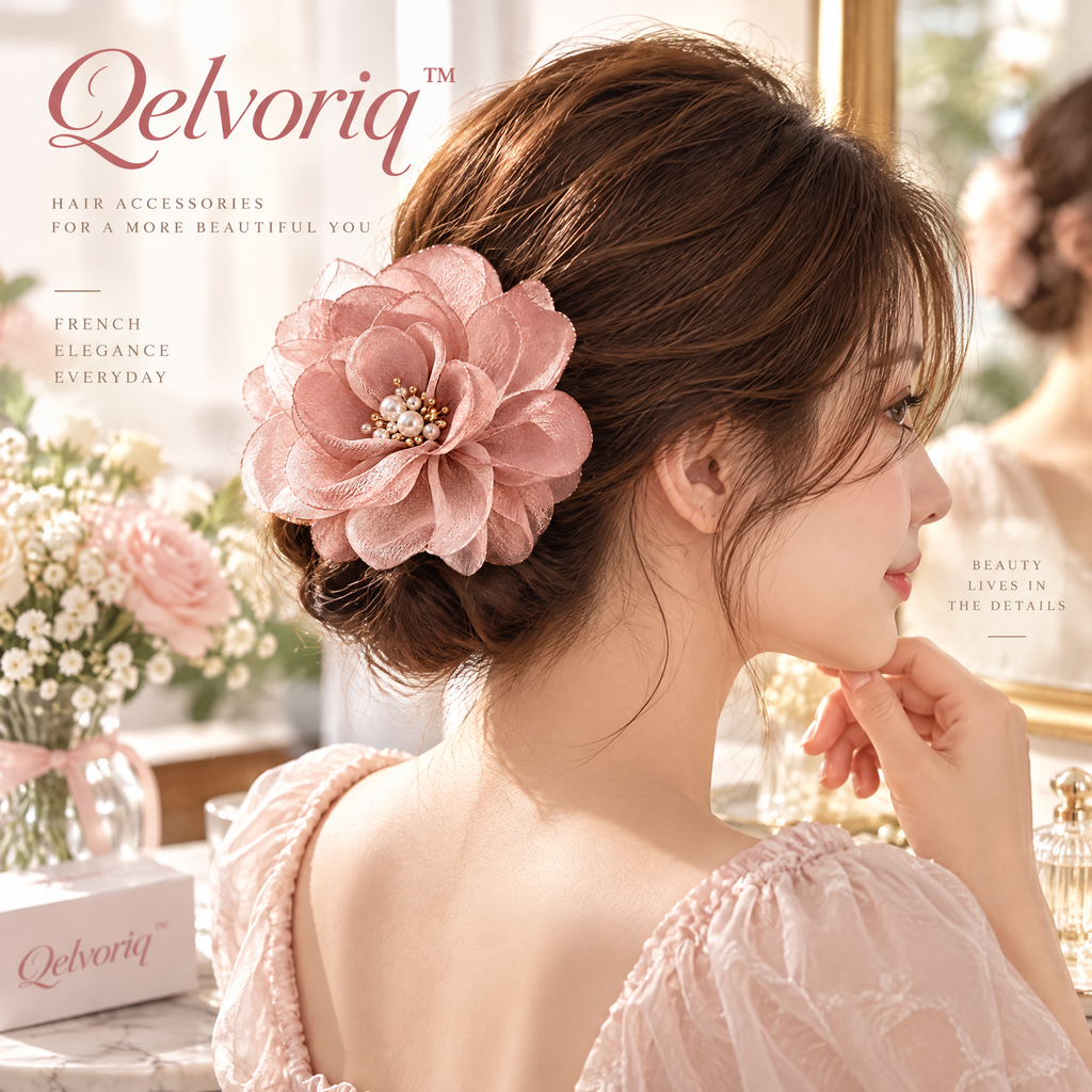 Qelvoriq™ Dusty Rose Organza Flower Hair Clip — image 4