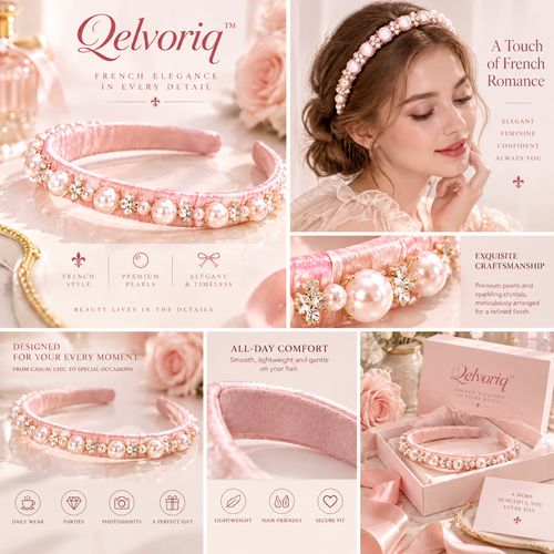 Qelvoriq™ Blush Pink Pearl-Embellished Headband — image 2