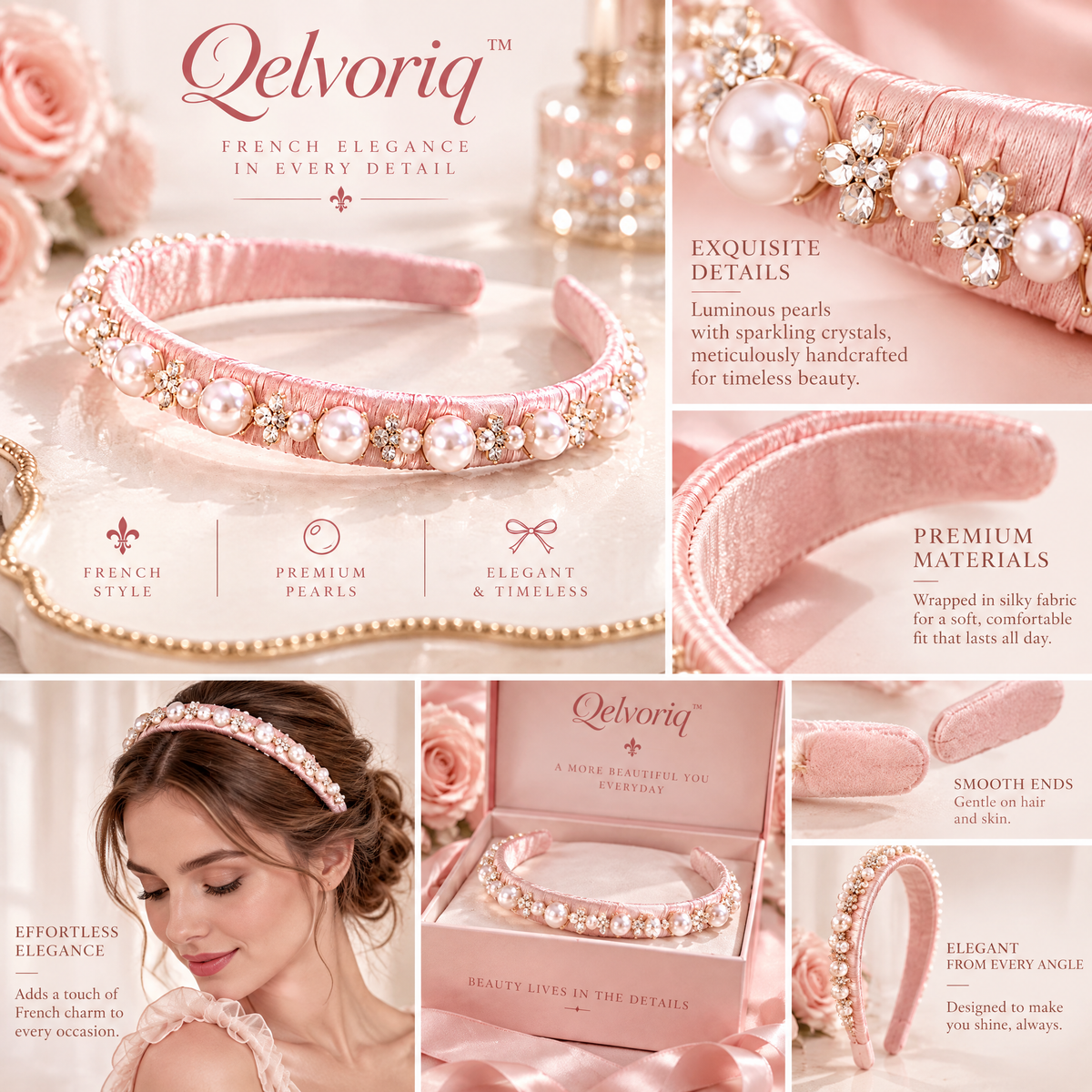 Qelvoriq™ Blush Pink Pearl-Embellished Headband — image 3
