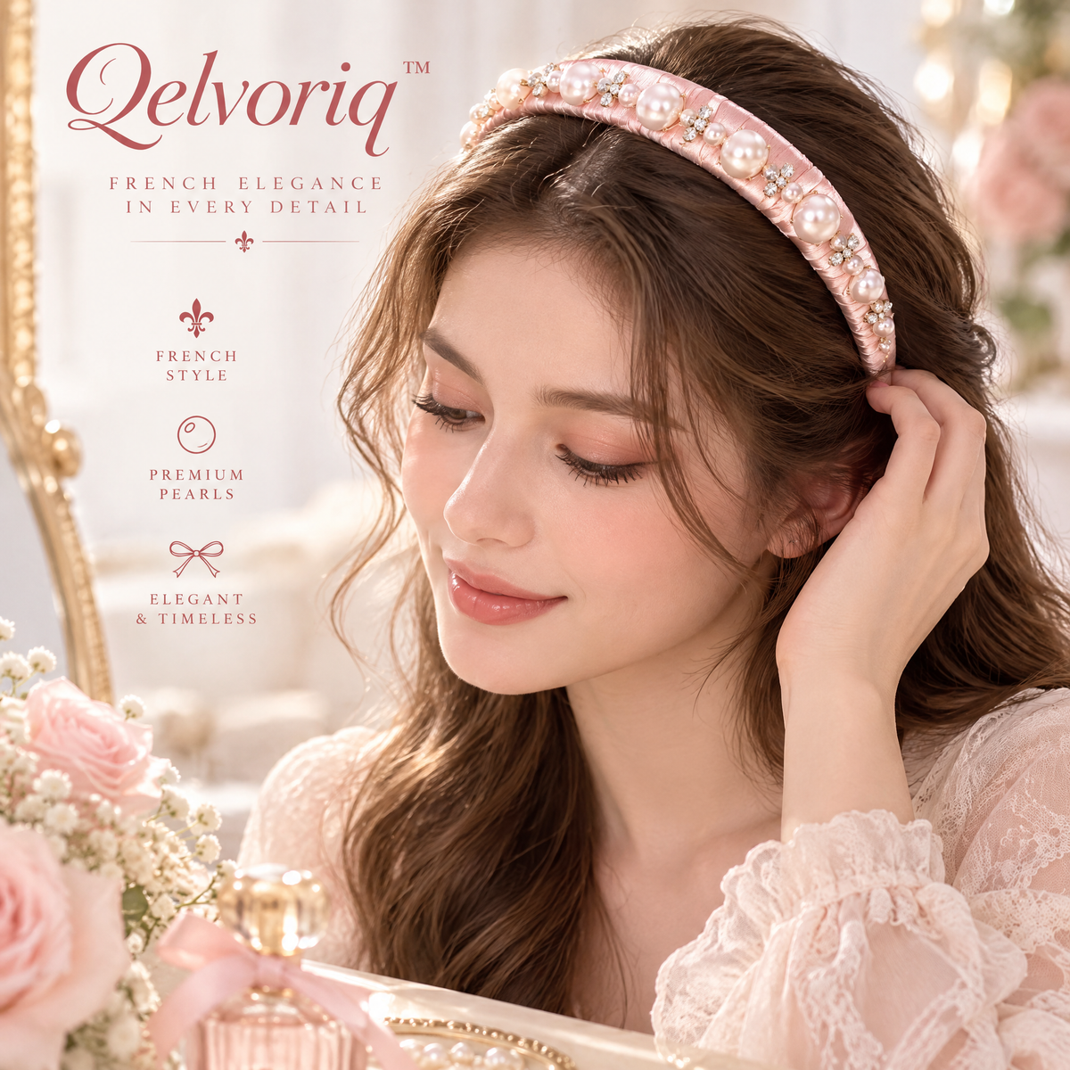 Qelvoriq™ Blush Pink Pearl-Embellished Headband — image 4