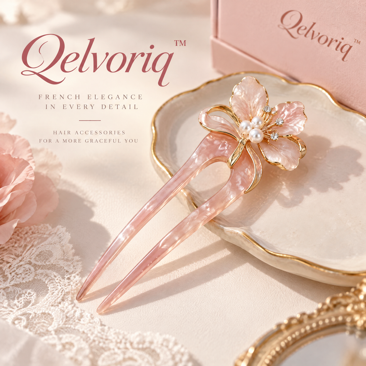 Qelvoriq™ Pink Floral Two-Prong Hair Fork — image 1