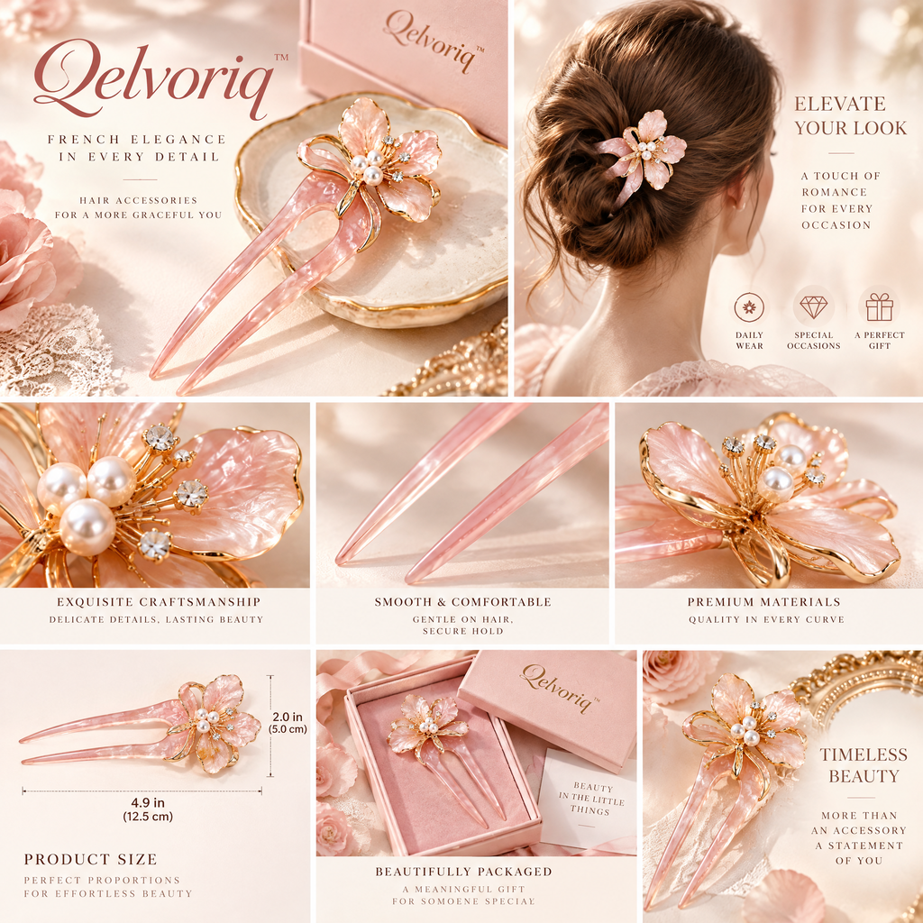 Qelvoriq™ Pink Floral Two-Prong Hair Fork — image 2