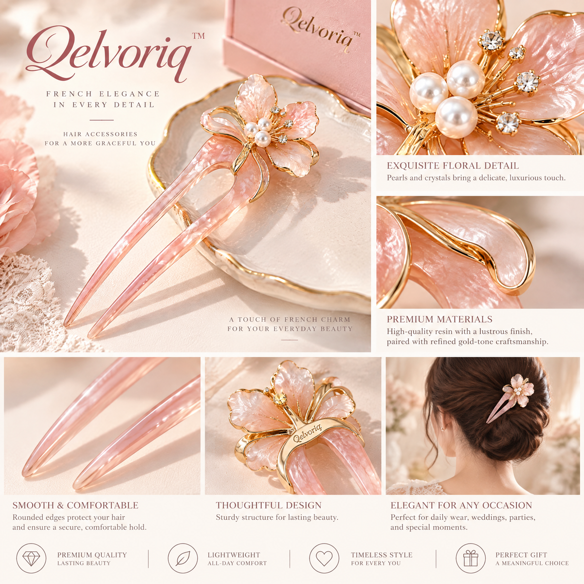 Qelvoriq™ Pink Floral Two-Prong Hair Fork — image 3