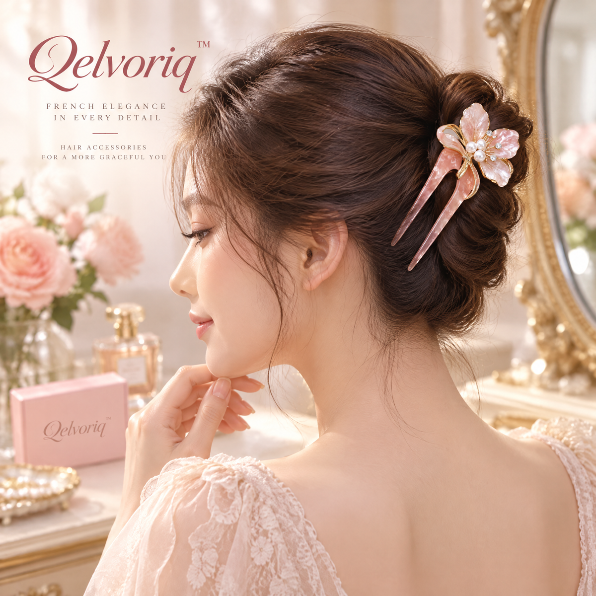 Qelvoriq™ Pink Floral Two-Prong Hair Fork — image 4
